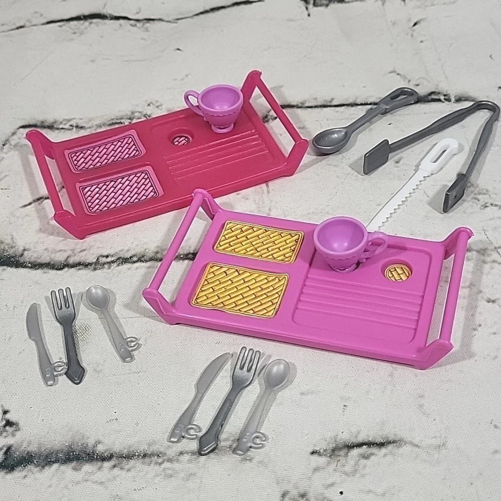 Barbie Dollhouse Kitchen Lot Serving Trays Pink Cups Utensils Tongs Silverware